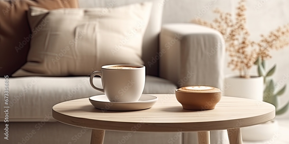 Poster Rustic morning vibes. Hot drink on wooden table in vintage cafe style. Coffee delight. Closeup of rustic wood desk. Cozy retro breakfast