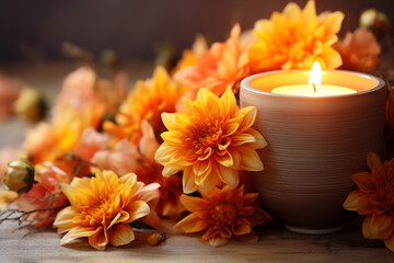 Obraz na płótnie Canvas Orange autumnal flowers in vase and lit candle on wooden background