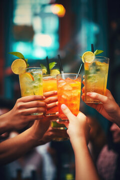 Close up of friends group cheering mojito drinks at bar restaurant, party time, cocktail close up