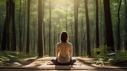 woman relaxingly practicing meditation yoga in the forest