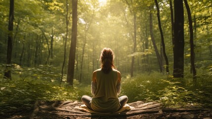woman relaxingly practicing meditation yoga in the forest