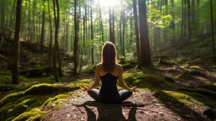 Tissu par mètre  woman relaxingly practicing meditation yoga in the forest  © CStock