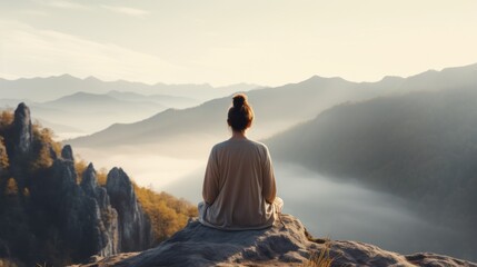 back view of woman in hoodie is relaxingly practicing meditation yoga at top of mountain