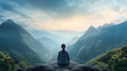 back view of woman in hoodie is relaxingly practicing meditation yoga at top of mountain - obrazy, fototapety, plakaty