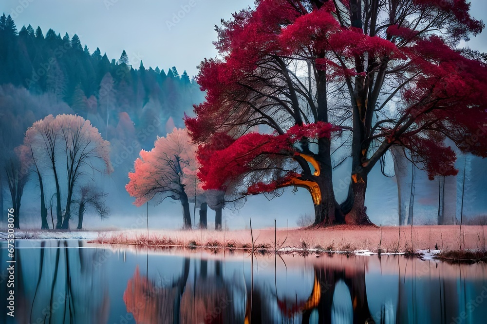 Poster autumn landscape with trees and lake