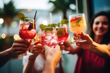 Close up of friends group cheering mojito drinks at bar restaurant, party time, cocktail close up