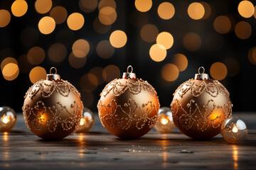 An elegant composition featuring gold Christmas baubles with a dreamy bokeh light background, conveying a festive and warm holiday atmosphere.