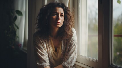 Sad pensive woman at home looking out the window alone. Stress disease and women