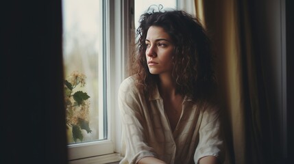Young woman sitting sad alone, woman with mental illness, sick woman