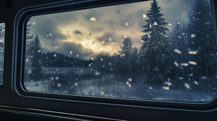 View from a train window showing a snowy forest landscape with snowflakes falling and a moody sky.