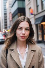 portrait of a businesswoman in the city in winter, wearing a coat