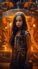 girl with long dark hair standing next to a large machine in the rain