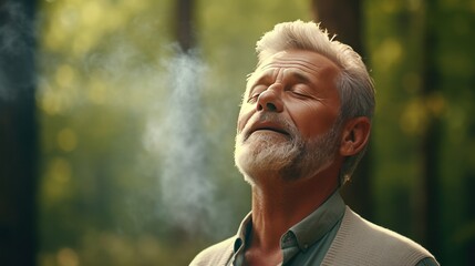 Smart handsome old man breathe's side, eyes closed, breathing fresh air in a green forest, copy space