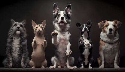 a group of dogs and cats standing in a row together with their paws up in the air and their heads up