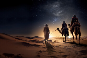 The 3 Wise Men crossing the desert at sunrise
