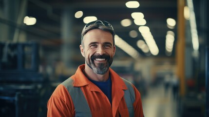 Fototapeta premium Smiling and happy employee. Industrial worker indoors in factory.