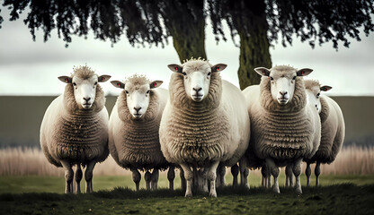 Fototapeta premium a group of sheep standing next to each other on a field of grass and trees with a hill in the background