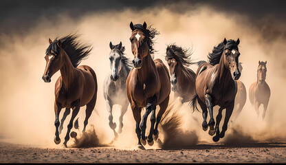 a group of horses running in the desert with dust behind them and a sky background with clouds and dust - obrazy, fototapety, plakaty