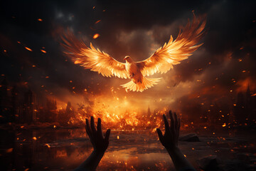 bird of peace flying in flames - obrazy, fototapety, plakaty