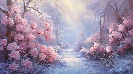 pink rose tree blossoming during winter on snowy road in nature trial, winter season contemporary painting art style, Generative Ai