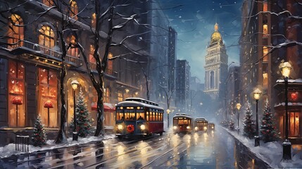 European cityscape view Christmas night time with car and decorative lights, contemporary painting style art, Generative Ai - obrazy, fototapety, plakaty