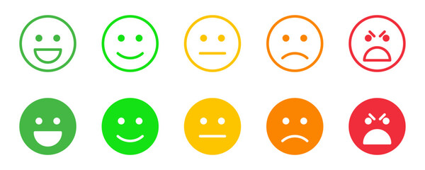 Feedback emotions icon. Happiness, smile, frustration, discontent, angry emoji symbols. Smileys colorful icons set. Vector stock illustration.