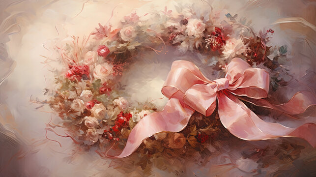 pink rose flower wreath decorated with ribbon, painting art illustration, Generative Ai