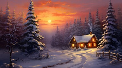 Fototapeta premium small wood cabin in winter snowy coniferous forest at twilight sunset time, painting art illustration, Generative Ai