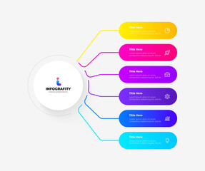 Central circle with 6 rounded elements. Infographic flowchart template. Structure visualization