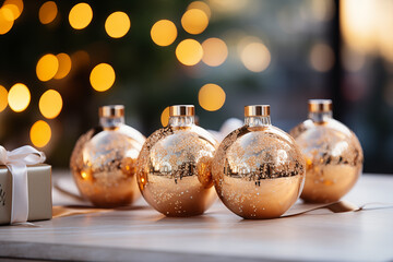 An elegant composition featuring gold Christmas baubles with a dreamy bokeh light background, conveying a festive and warm holiday atmosphere.