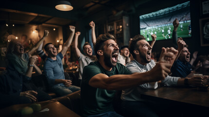 Fototapeta premium Passionate fans watching football in the bar