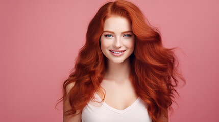 Fototapeta premium Beautiful elegant european red-haired smiling young woman with perfect skin and long red hair, on a pink background, close-up
