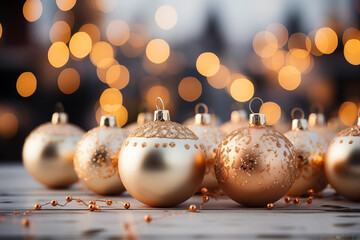 An elegant composition featuring gold Christmas baubles with a dreamy bokeh light background, conveying a festive and warm holiday atmosphere.