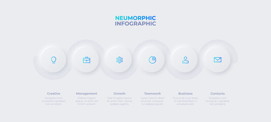 Neumorphic infographic timeline design template. Business data visualization with 6 options. Concept of development process - obrazy, fototapety, plakaty