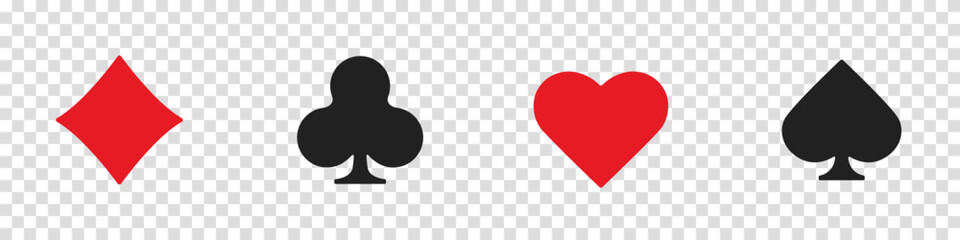 Hearts, clubs, diamonds and spades on an isolated transparent background. Set collection gambling sign symbol of playing card suits and chips for poker and casino.