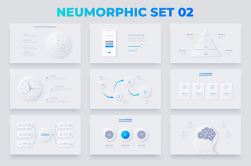 Set of neumorphic infographic templates. Clock, smartphone, brain and abstract diagrams