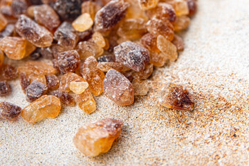 rock sugar crystals pieces candy brown sugar candied big rock caramel taste cane sugar healthy eating cooking appetizer meal food snack on the table