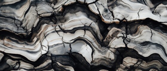 Wavy grey white layers of slate and sandstone rock formation cliff - detailed rough grunge texture and surface patterns with cracks and weather erosion edges.