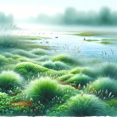 A watercolors painting capturing a serene landscape. The foreground features a ground blanketed with lush green small grasses