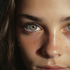 portrait in a close-up shot of a caucasian/white woman. Caucasian/white  woman's eyes nose lips. AI generated