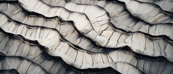 Wavy grey white layers of slate and sandstone rock formation cliff - detailed rough grunge texture and surface patterns with cracks and weather erosion edges. - obrazy, fototapety, plakaty