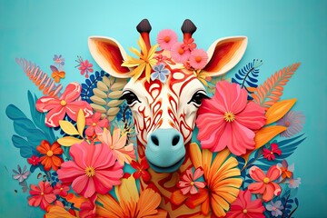 giraffe with flowers with vibrant colors and playful patterns