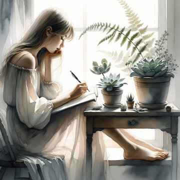  watercolors painting that portrays a serene scene of a girl deeply engrossed in writing something in a book. She is seated near a window