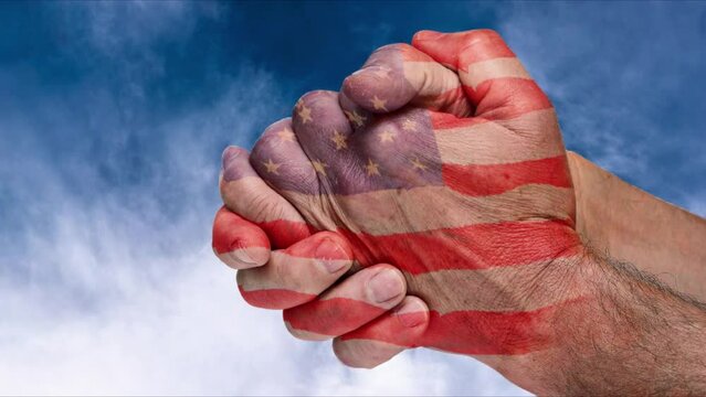 Praying Hands With American Flag Tattoo Blue Cloud Sky 4K Christian Worship Video Background Motion Loop Religious Church Footage Backdrop Wallpaper Used In Christianity