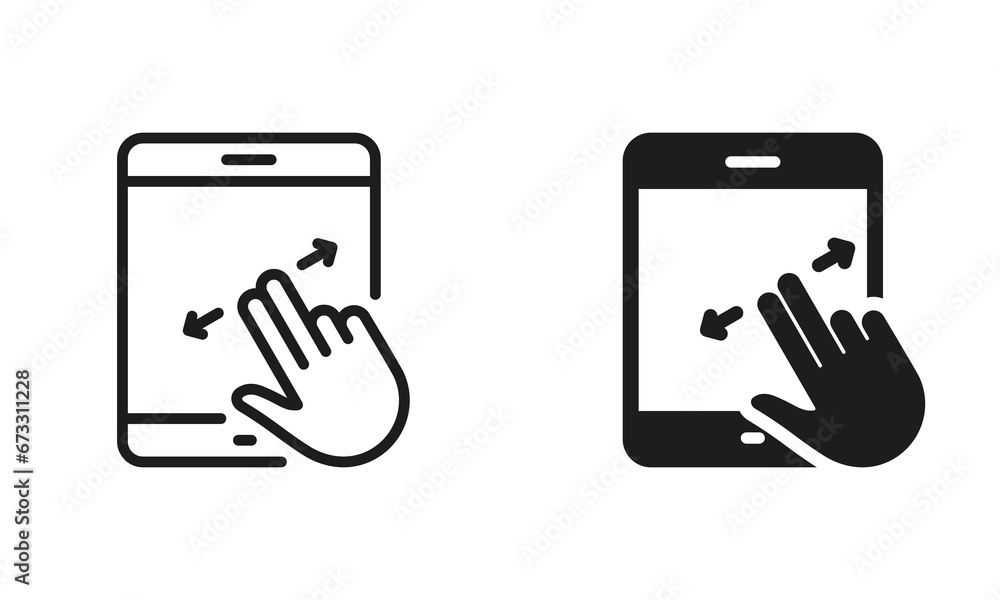 Aufkleber zoom action on display device. swipe on tablet line and silhouette icon set. scroll up in digital el