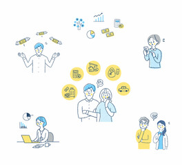 お金・投資・資産運用関連　困った表情の人々　セット