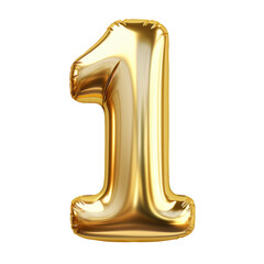Gold metallic Number "1" balloon Realistic 3D on white background.