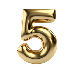 Gold metallic Number "5" balloon Realistic 3D on white background.