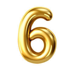 Gold metallic Number "6" balloon Realistic 3D on white background.