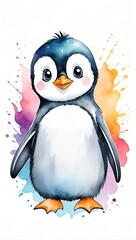 Naklejka premium Colorful watercolor cute penguin portrait illustration on a white background, funny doodle penguin